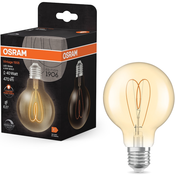 Декоративна крушка LED Osram Vintage 1906 Gold, Нажежаема жичка, G80, E27, 4.9W (40W), 470 лумена, Топла светлина (2200K), Димируема, Енергиен клас F