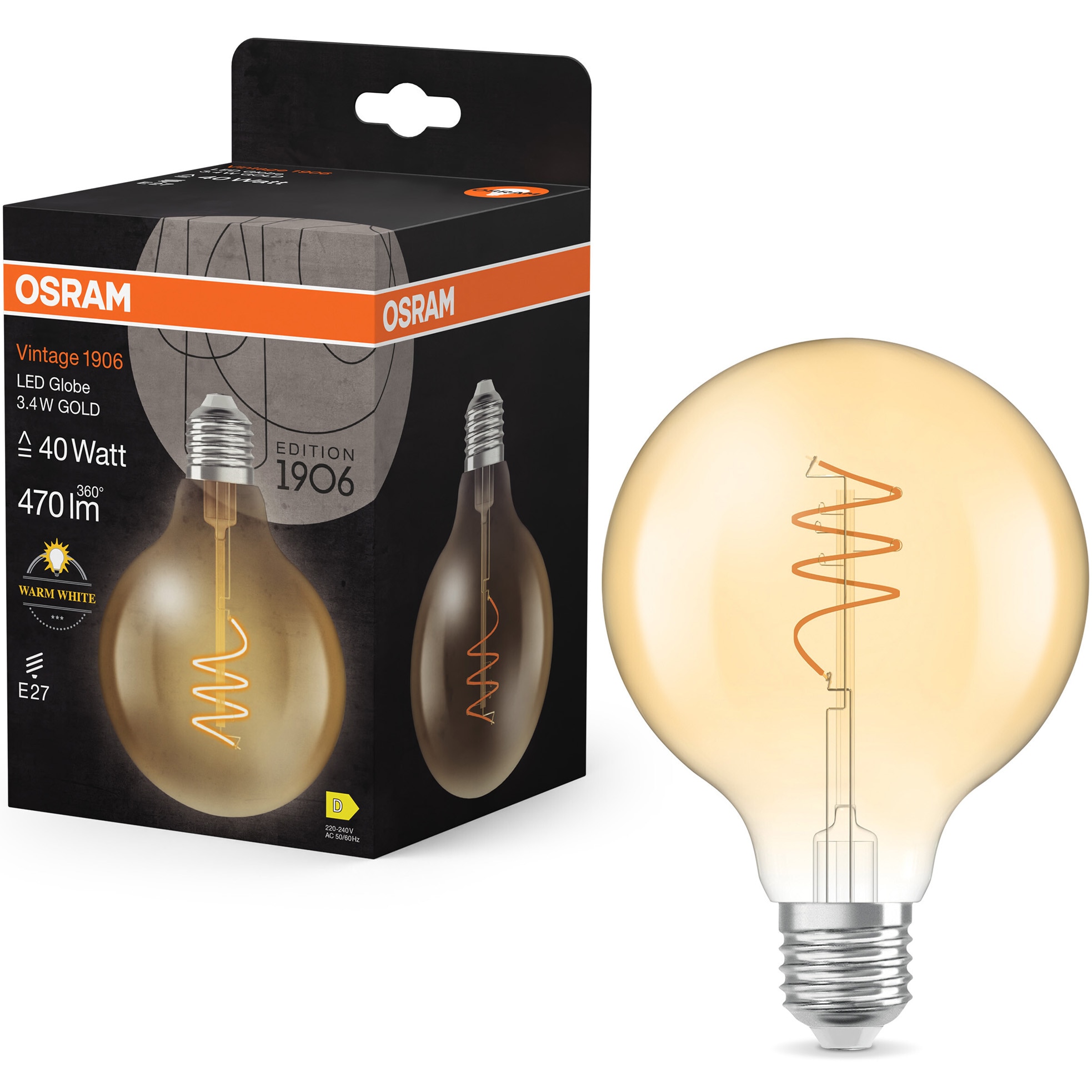 Bec LED decorativ Osram Vintage 1906 Gold, filament, G95, E27, 3.4W (40W), 470 lm, lumina calda (2700K), nedimabil, clasa energetica D