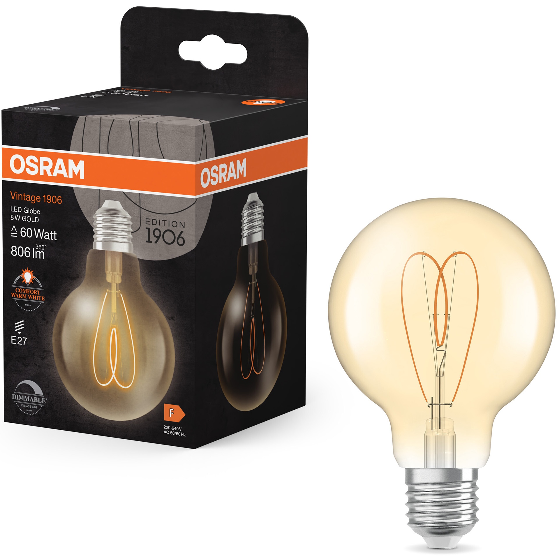 Bec LED decorativ Osram Vintage 1906 Gold, Heart Filament, G80, E27, 8W (60W), 806 lm, lumina calda (2200K), dimabil, clasa energetica F