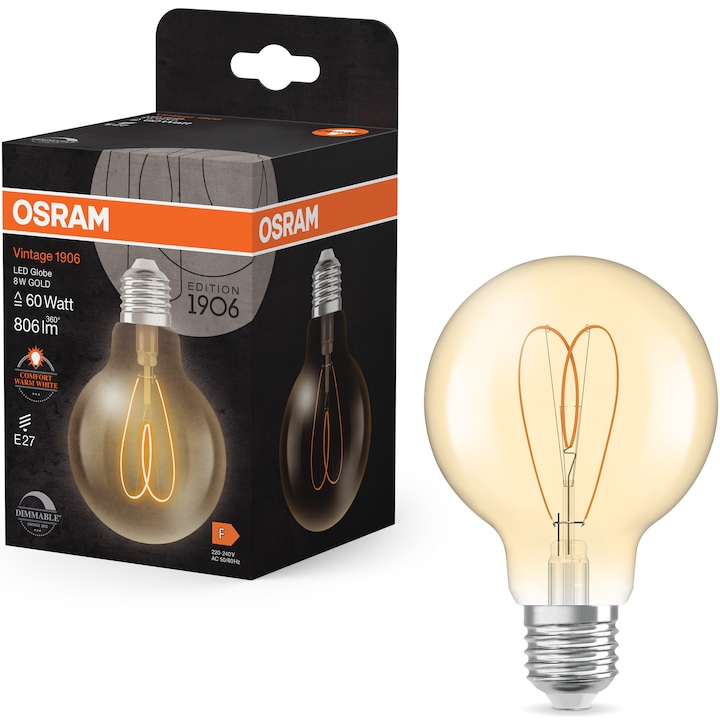 Osram Vintage 1906 Gold dekoratív LED izzó, Heart Filament, G80, E27, 8W (60W), 806 lm, meleg fény (2200K), szabályozható, F energiaosztály
