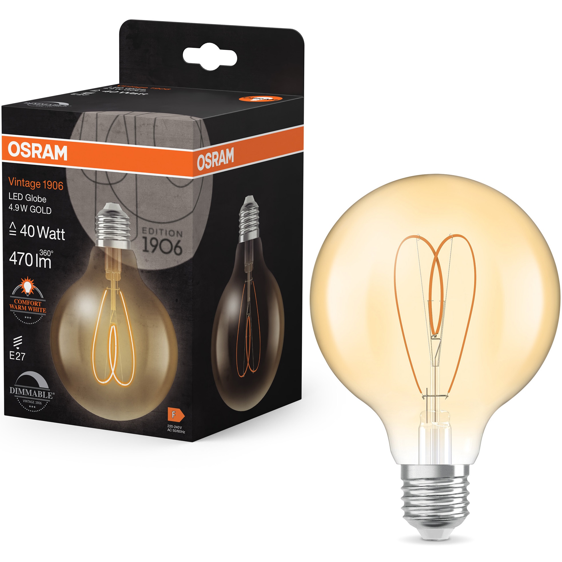 Bec LED decorativ Osram Vintage 1906 Gold, filament, G95, E27, 4.9W (40W), 470 lm, lumina calda (2200K), dimabil, clasa energetica F