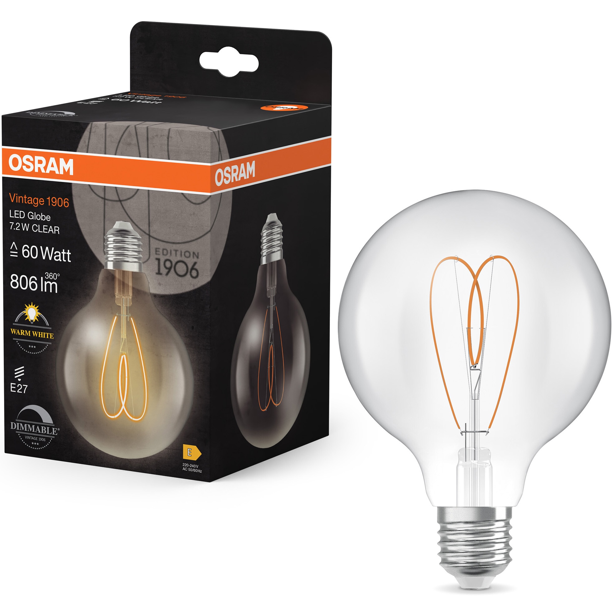 Bec LED decorativ Osram Vintage 1906 Clear, filament, G95, E27, 7.2W (60W), 806 lm, lumina calda (2700K), dimabil, clasa energetica E