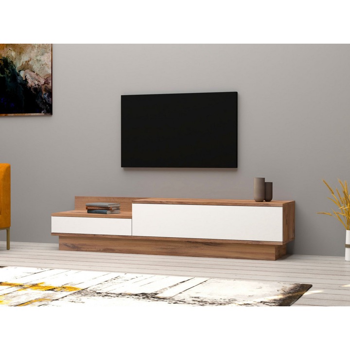 Comoda TV Model Barko, 160x35x35 cm, Alb/Nuc