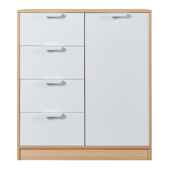 Comoda, en.casa, PXAT-4326 Varkaus, 90 x 80 x 40 cm, mdf, stejar, alb, cu 4 sertare si 1 usa