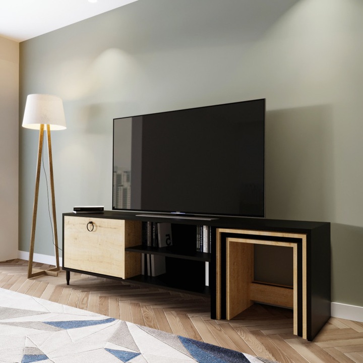 Шкаф за телевизор Zigon 180x55x40 см Черен/Натурален