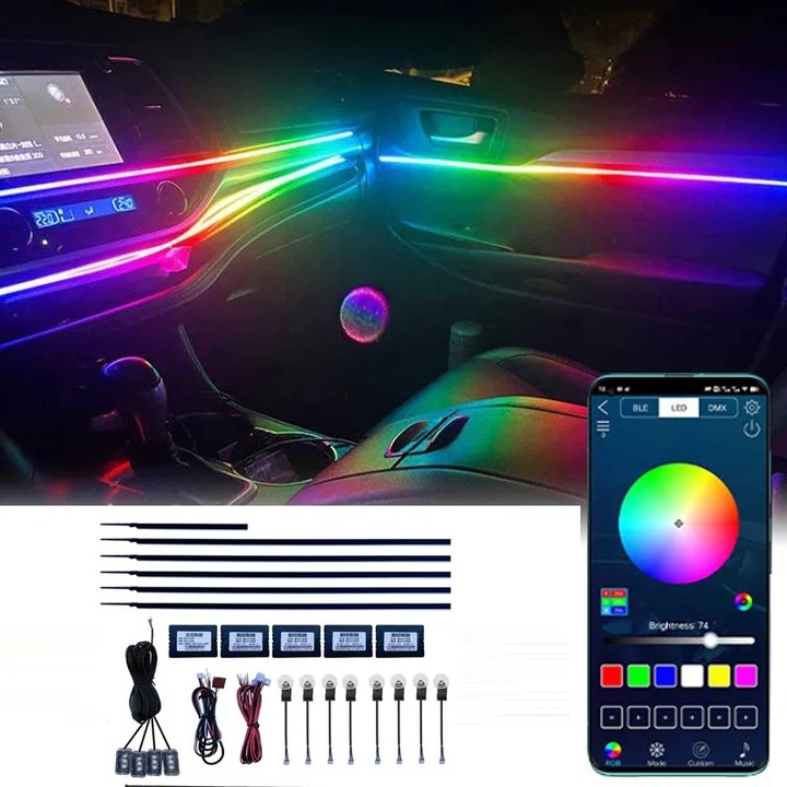 Kit Auto Lumini Ambientale 18 in 1 profesionale, benzi acrilic, dinamice, symphony, RGB, Aplicatie dedicata Android si iOS, Wireless, montaj pe Fata usa, Bord, Manere, Podea, Kit complet DOMDRIVE®