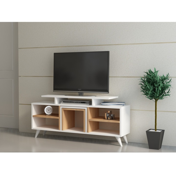 Comoda TV Model Kutay, 120x56.9x29.5 cm, Alb/Tec