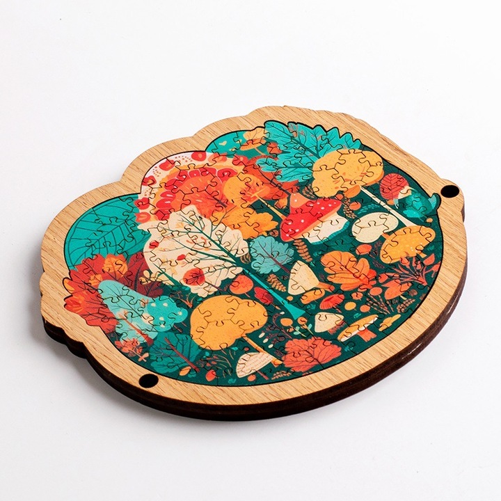 Fa puzzle, dekoratív, kerettel, felnőtteknek és tinédzsereknek, nagy nehézségű, erdei makett, béke és nyugalom, 2 db fém támasztékkal, tarka, 101 db, 12,7 x 12,4 cm
