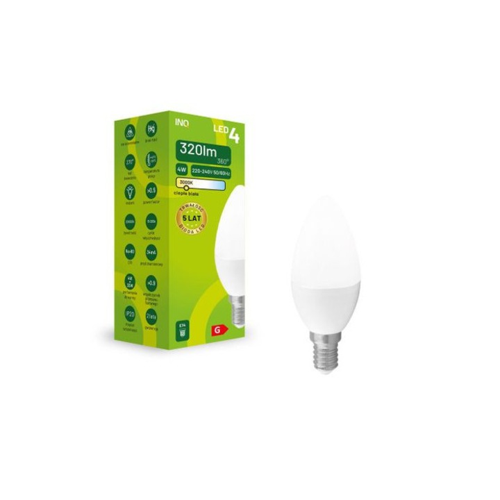 Bec LED INQ C37, 4W, 320lm, lumina neutra, 37x37x99mm
