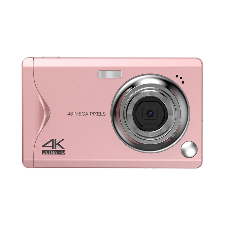 Digitális fényképezőgép, hordozható, 3 hüvelykes HD képernyő, felvétel és fényképezés, 16x zoom, 48 megapixel, autofókusz, beépített akkumulátor, hosszú élettartam, rózsaszín