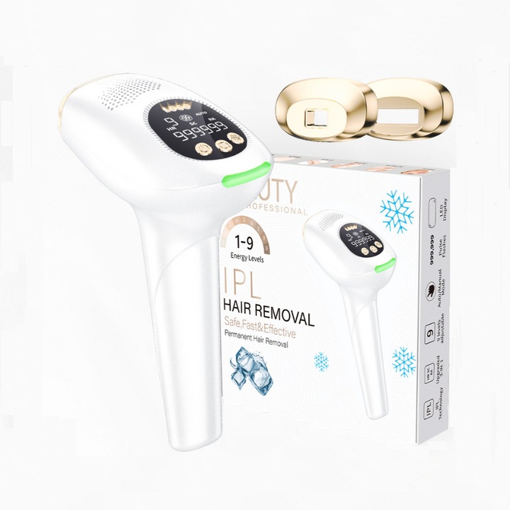 IPL епилатор Clavi, Premium, ICE Cool функция с охлаждане, окончателна епилация, подмладяване на кожата, намаляване на акнето, 9 нива на интензивност, 999 999 импулса, 2 резервни глави, сензор за кожа, бял/златист