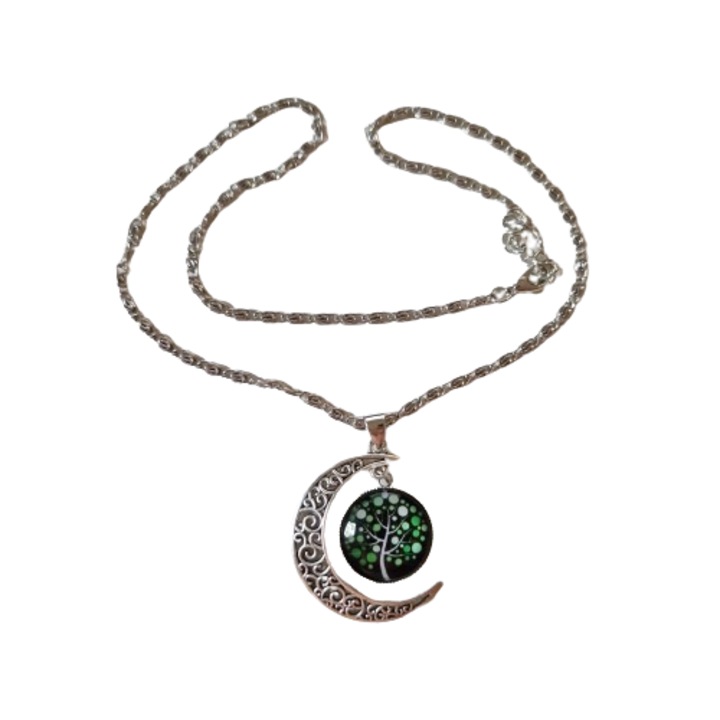 Lantisor spiritual, Grelys print, dama cu pandativ luna, suflat cu argint, verde