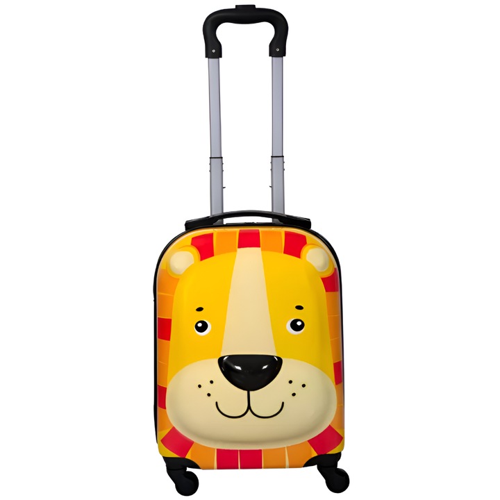 Детски куфар за пътуване Velixo®, с разтегателна дръжка, 4 въртящи се на 360° колела, двоен цип, противоударен калъф, модел Leo, 25L, 46 x 31 x 26 cm, оранжево/жълто