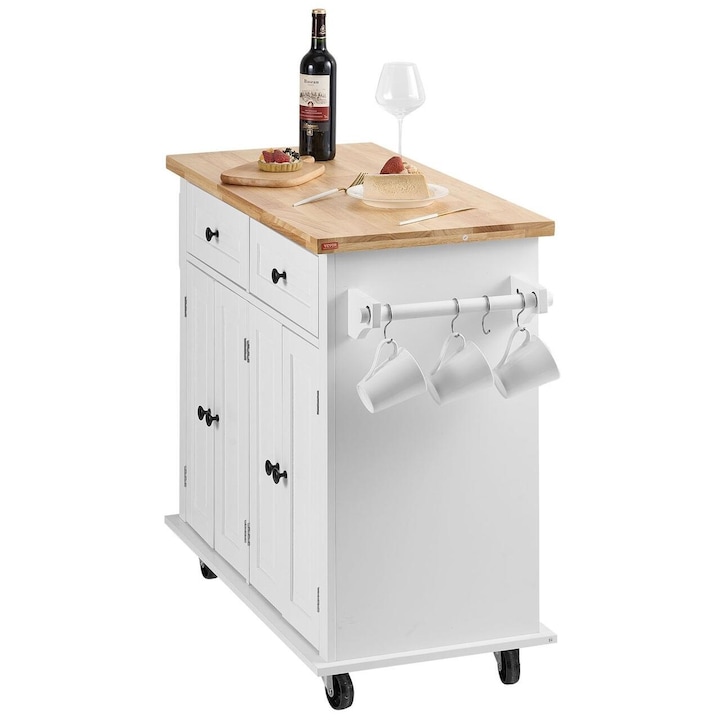Insula Roti Insula bucatarie, blat lemn masiv, 4 roti blocabile, 1100x450x825 mm ...
