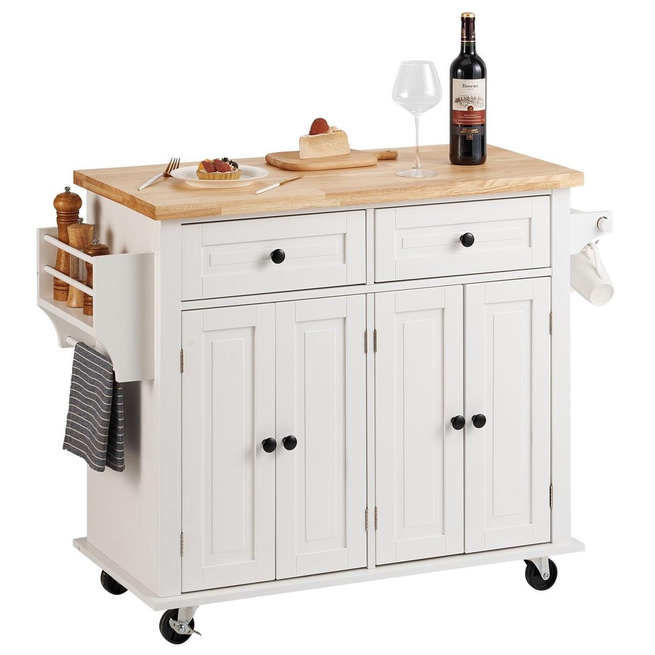 Insula Roti Insula bucatarie, blat lemn masiv, 4 roti blocabile, 1100x450x825 mm ...
