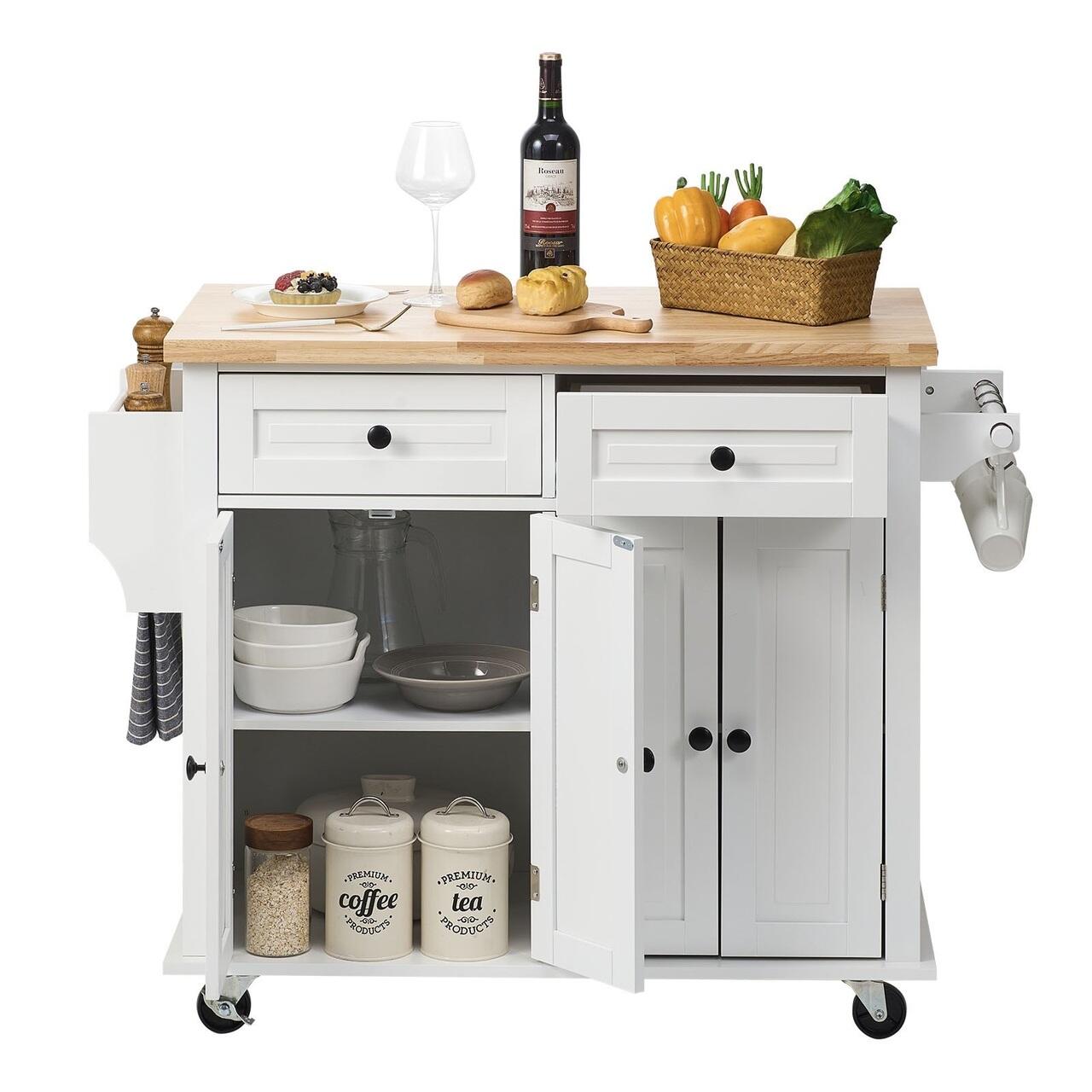 Insula Roti Insula bucatarie, blat lemn masiv, 4 roti blocabile, 1100x450x825 mm ...