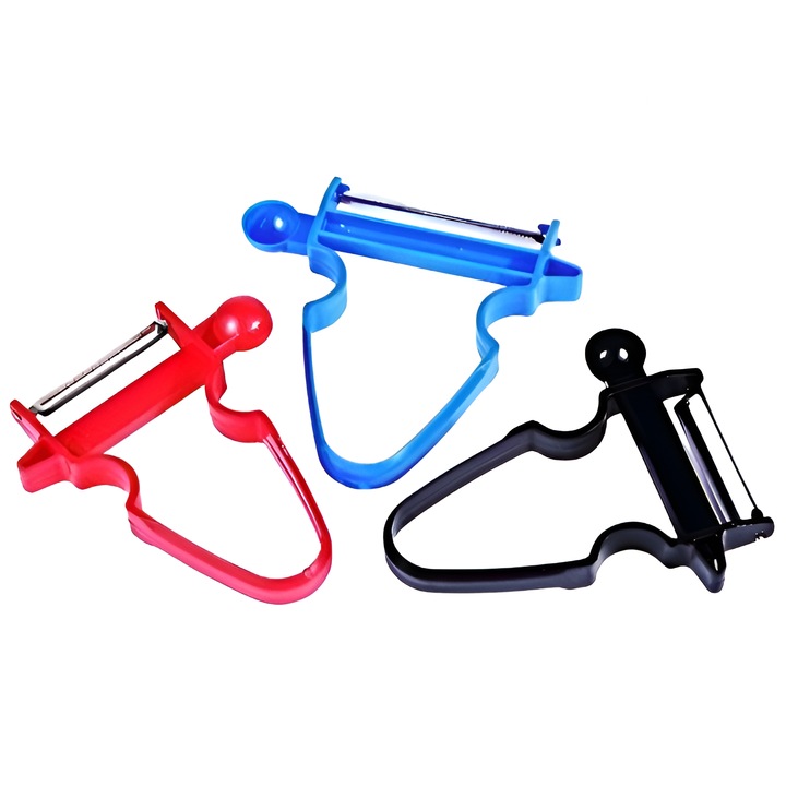 Set 3 Accesorii de Decojire, Razuire si Feliere, Flippy, pentru Legume si Fructe, Negru-Rosu-Albastru