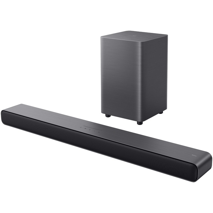 Soundbar TCL S55H, 2.1, 220W, Bluetooth 5.2, Dolby Atmos & DTS-Virtual:X, HDMI eARC, Subwoofer Wireless, Negru