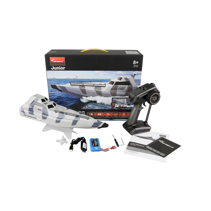 RC лодка с дистанционно управление Black Turbo Military, дължина 42 см, 2,4 GHz, скорост 28 км/ч, обхват 60 м, водно охлаждане, Jetdrive, RTR, 8+