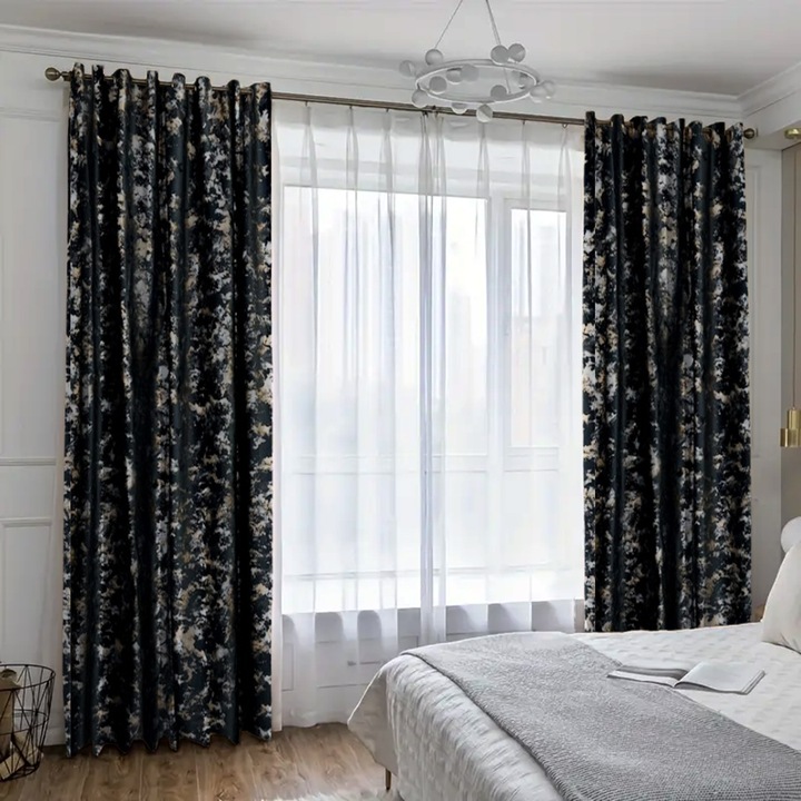 Set draperii din catifea texturata cu inele gri, Madison, 250x245 cm, densitate 700 g/ml, Melisa, 2 buc