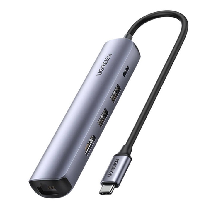 Многопортов хъб адаптер, Ugreen, алуминий, 4K, 2x USB, USB-C, HDMI, RJ45, PD 100 W, дължина на кабела 20 см, сив
