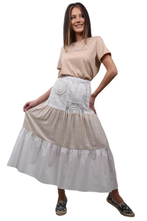 Fusta lunga in blocuri combinata embellish, Alb, One Size