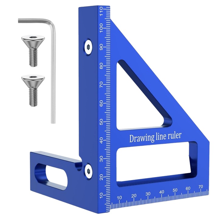 Vinclu 45º/90º CZAY®, Instrument de Masurare 3D cu Mai Multe Unghiuri, Rigla Metalica Triunghiulara Precizie Ridicata 0, 002 mm, Imbinare Lemn pentru Dulgheri, Rezistent la Zgarieturi si Rugina, Accesorii incluse, 112*85*79 mm, din Aluminiu, Albastru