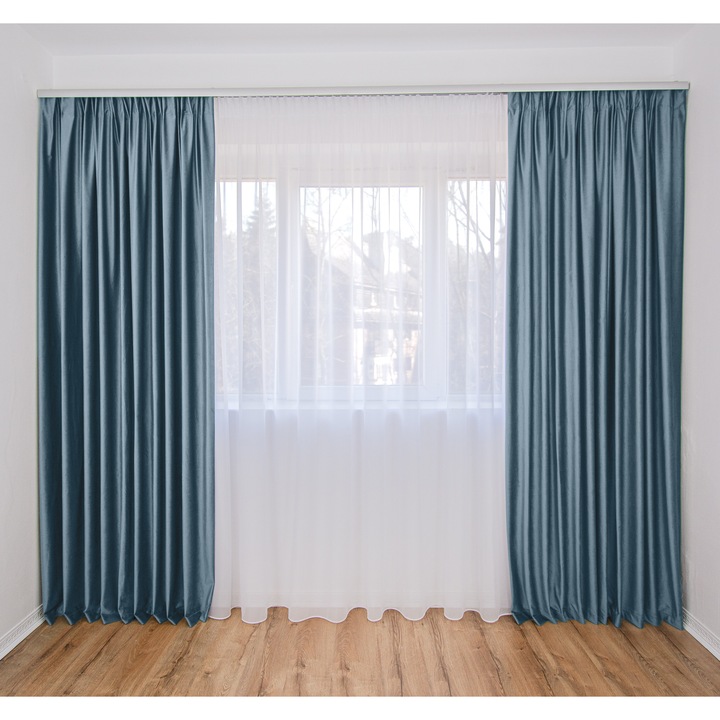 Set Complet Decolis, Draperie Catifea Albastru 2 buc x 200 cm, cu Perdea Triplu Voal Alb 1 buc x 500 cm, H-250 cm