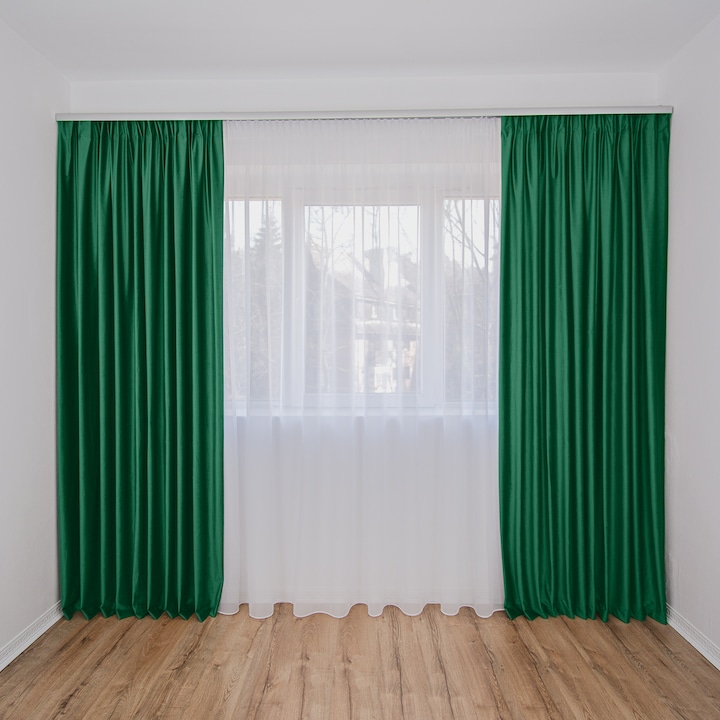 Set Complet Decolis, Draperie Catifea Verde Smarald 2 buc x 200 cm, cu Perdea Triplu Voal Alb 1 buc x 500 cm, H-250 cm