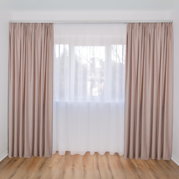 Set Complet Decolis, Draperie Catifea Crem 2 buc x 150 cm, cu Perdea Triplu Voal Alb 1 buc x 300 cm, H-250 cm