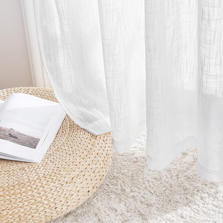 Set de 2 perdele, aspect de in, cu inele, semitransparente, 135 x 190 cm, alb