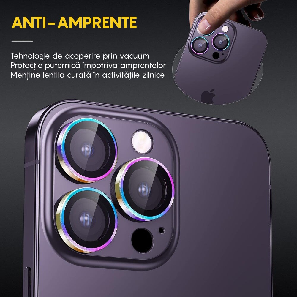 Folie Protectie Lentile Camera compatibila cu iPhone 15 Pro / iPhone 15 Pro Max, CASEY STUDIOS™ MaxDefense+, Ultra HD, Anti Amprente, Anti Zgarieturi, Anti Socuri, Curcubeu