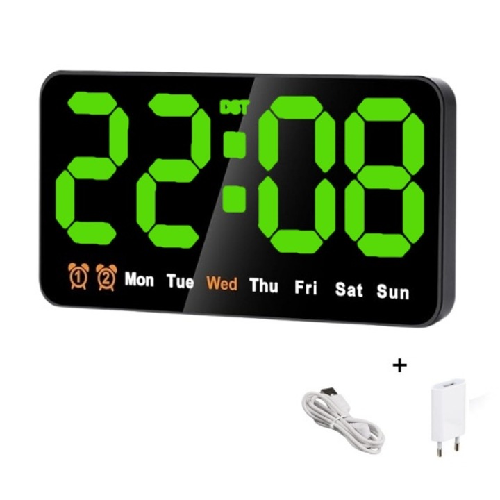Ceas Digital de Masa si de Perete cu Lumina Led Verde, Alarma, Calendar, Temperatura, Functie Snooze, Mod de Noapte, 11x21cm