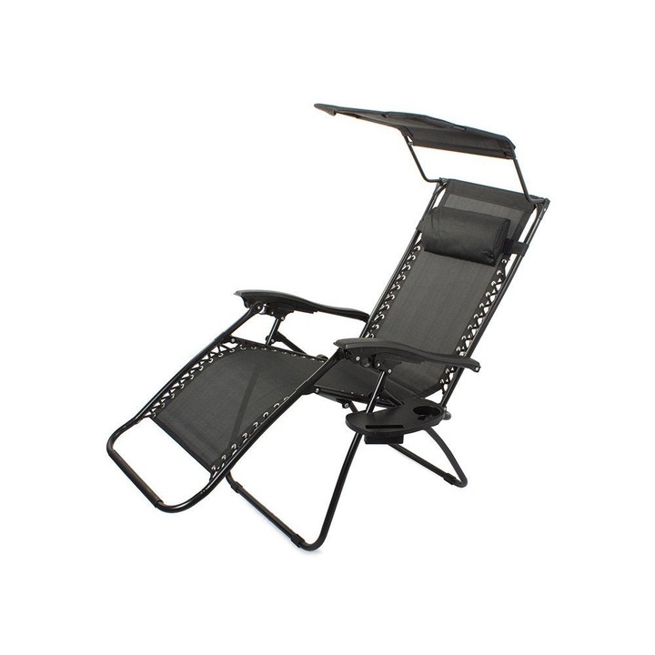 Сгъваем стол за градина, плаж, къмпинг, със сенник и поставка за телефон и напитки, Black