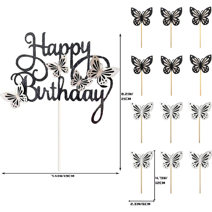 Комплект от 13 топера за торта с 3D пеперуди, QttvbTna, хартия, черно/бяло, 14x19cm/4.6x6cm