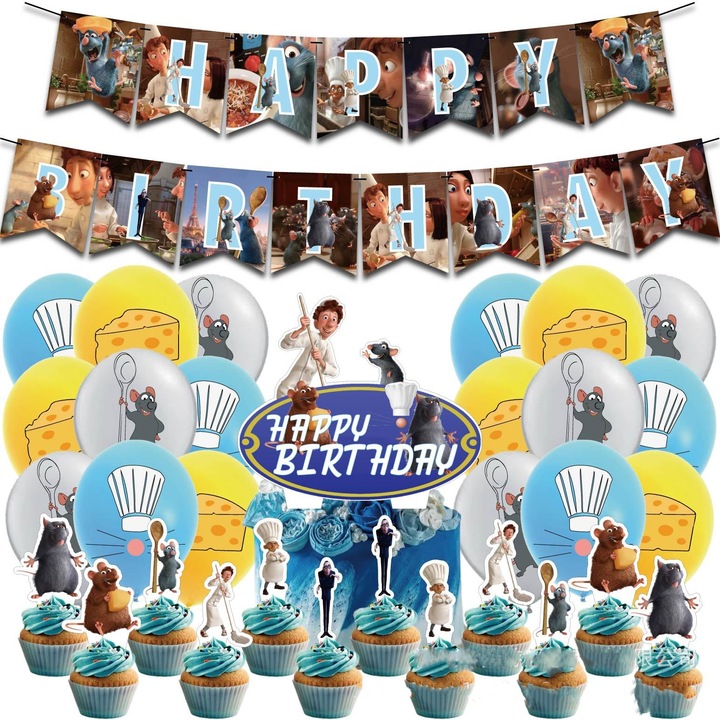 Комплект от 18 детски балона, Рататуй, парти за рожден ден, латекс, 1 банер Честит рожден ден, 12 топера за кексчета, 1 топер за торта, многоцветен