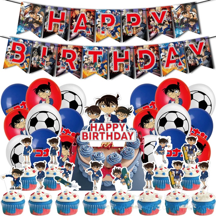 Комплект от 18 детски балона, детектив Конан, парти за рожден ден, латекс, 1 банер Честит рожден ден, 12 топера за кексчета, 1 топер за торта, многоцветен