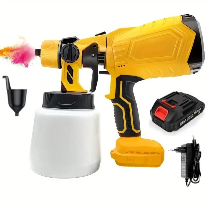Pistol de vopsit pe acumulator, GOSTOCK®, 18 V, Rezervor 1000 ml, 3 moduri, Galben