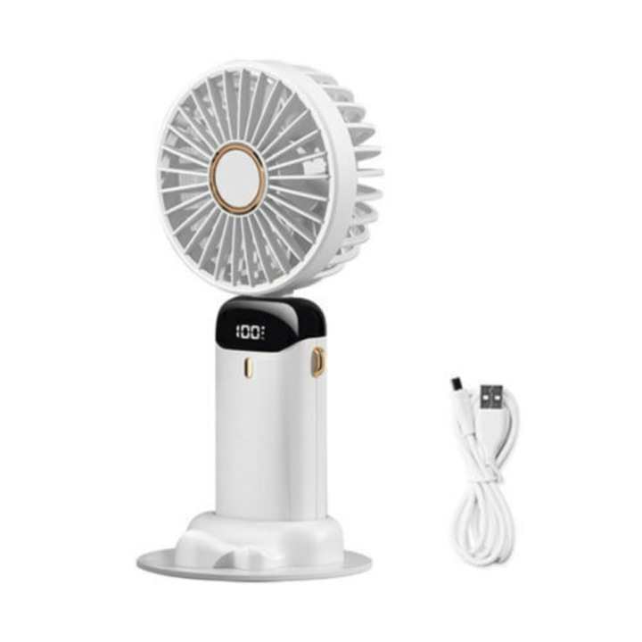 Ultra hordozható ventilátor, 3 az 1-ben, kézi, asztali, nyak, 5 sebességes, összecsukható, LCD képernyővel, fehér