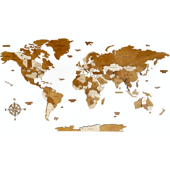 Harta de perete 3D din lemn Birdywing, Cappuccino, cu granite si nume de tari, 250x125cm