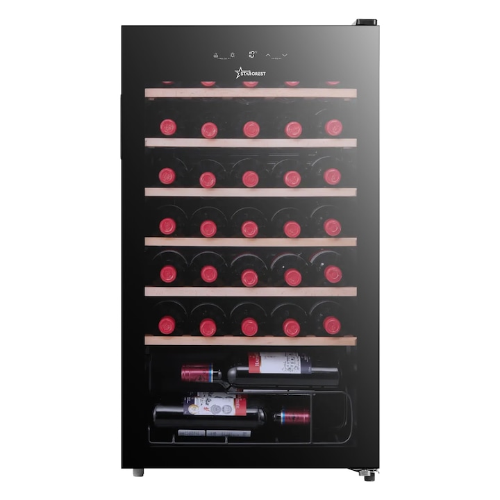 Витрина за вино STARCREST SWN-9301, 93 л, 34 бутилки, Цифров контрол на температурата, Дървени рафтове, Стъклена врата, H 84,5 см, Черна