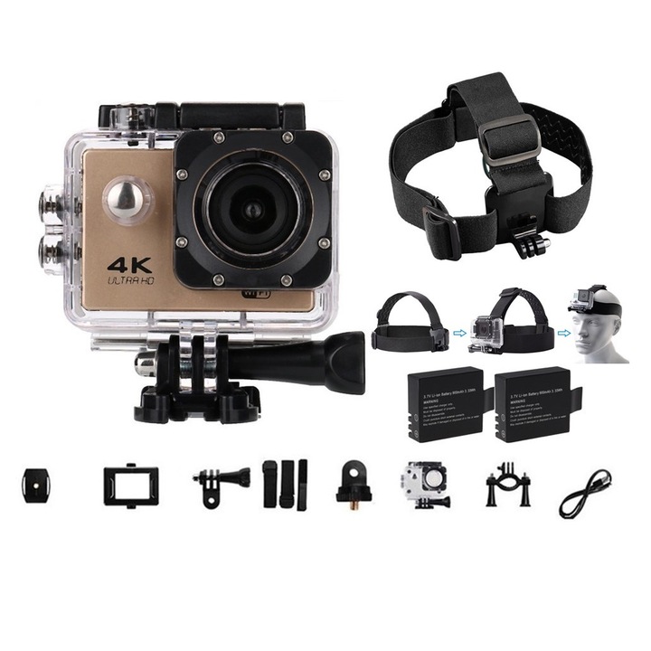 Camera video sport 1TECH GoPlus CamPro-2, WIFI, 170 grade, HDMI, accesorii, auriu