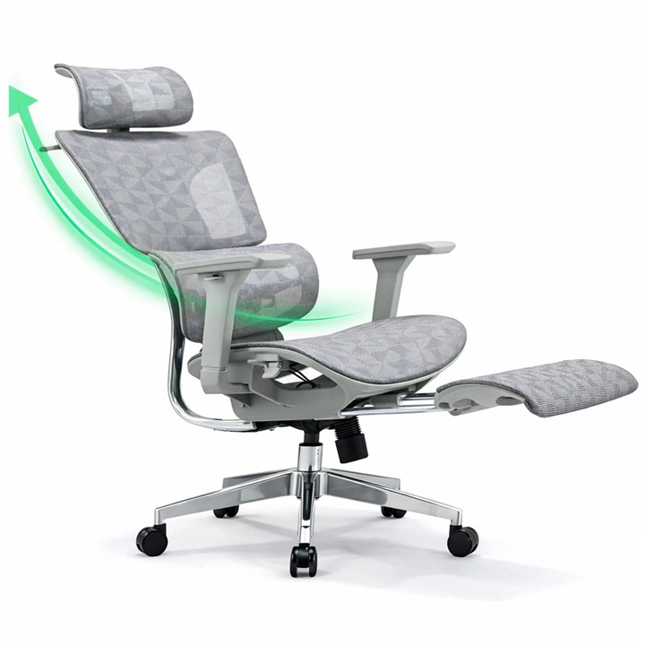 Scaun Ergonomic Timebox cu Reglare Spatar in 6 Pozitii pana la 150°, Cotiere 5D, Plasa Mesh, Profil Lombar Flexibil, Spatar si Baza din Aluminiu, Gri, Suporta pana la 150 kg, Confort Office Avansat