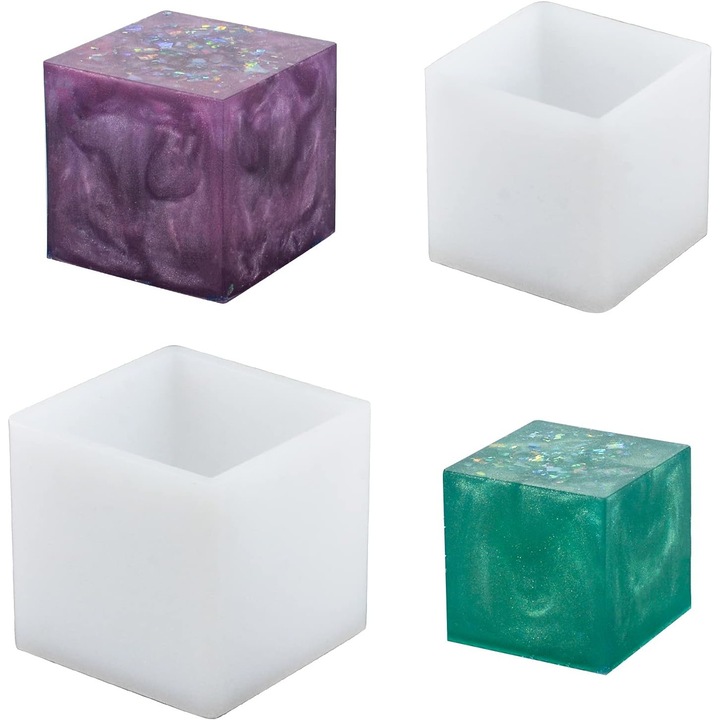 Set de 2 forme patrate din silicon pentru rasina, 6.5x6.5x6.5cm si 5x5x5cm, reutilizabile, transparente