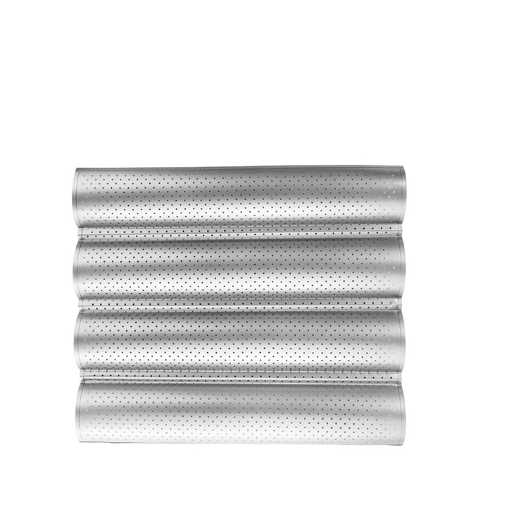 Forma pentru copt baghete frantuzesti, Aluminiu, 4 locuri, Antiaderenta, Rezistenta la temperaturi inalte, Argintiu