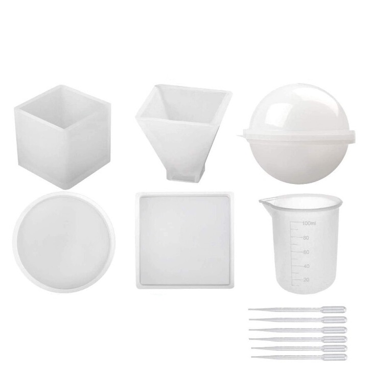 Set 5 forme pentru rasina, silicon, diferite forme, reutilizabile, cu accesorii, alb