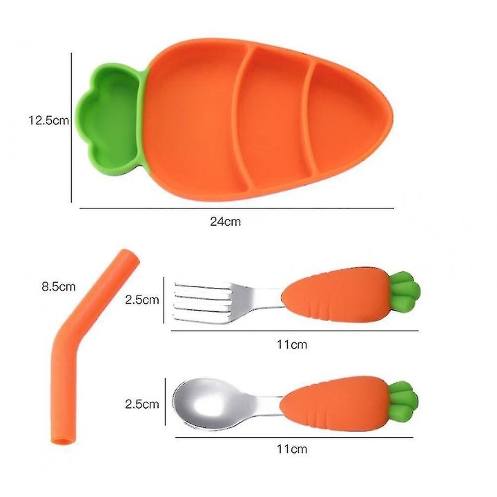 Set de hranire pentru copii, Enforose, farfurie divizata, ustensile in forma de morcov, multicolor, din silicon fara BPA