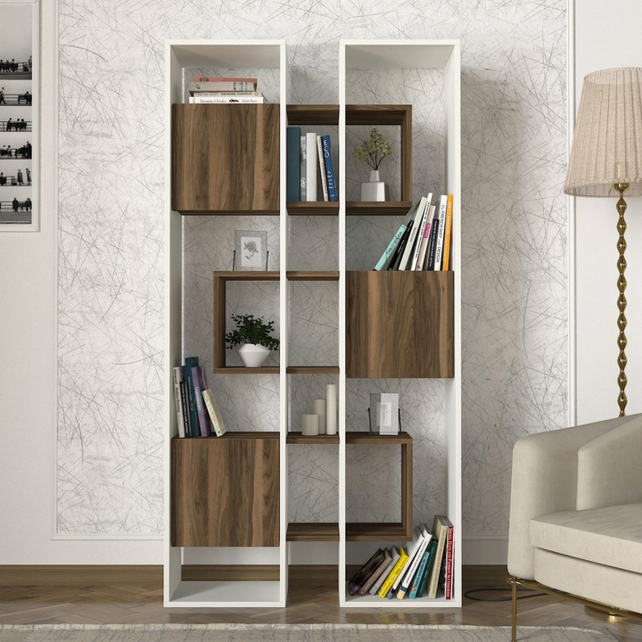 Biblioteca Dual Vision, UnicUtil, 95.9 x 29.6 x 183.6 cm, PAL Melaminat, Design Modern, Rafturi si Compartimente pentru Depozitare, Functionalitate Optimizata pentru Living si Birou, Mobilier Elegant si Durabil, Ideala pentru Organizare si Decor, Alb-Maro
