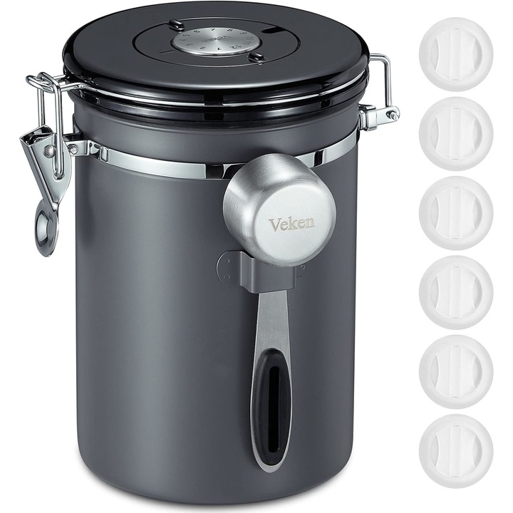 Recipient ermetic pentru cafea cu lingura si indicator de data, inox, negru/argintiu