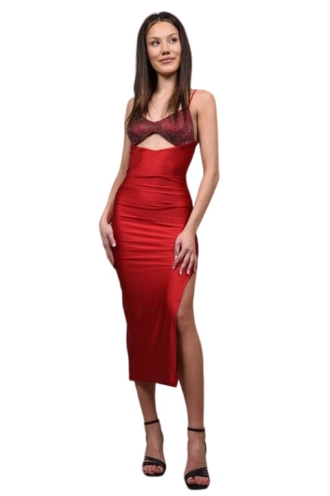 Rochie lunga de ocazie cupe cu strasuri aplicate illustre, Rosu, XS-S